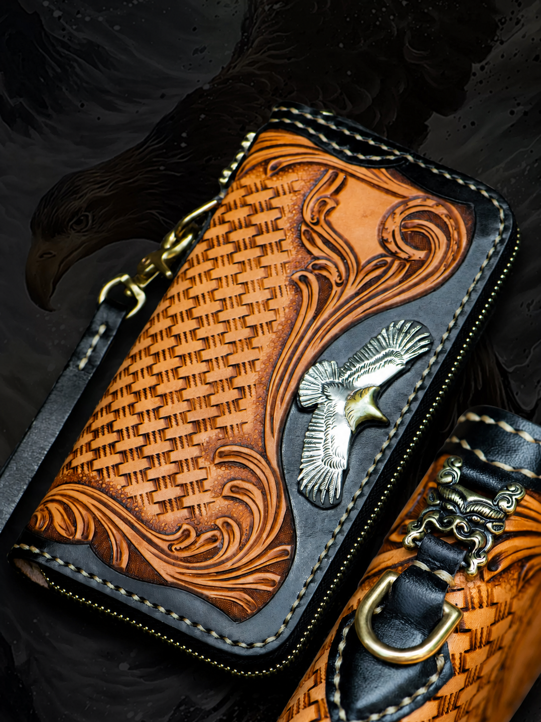 hand-carved tiger leather biker wallet hand carved eagle leather clutch 1