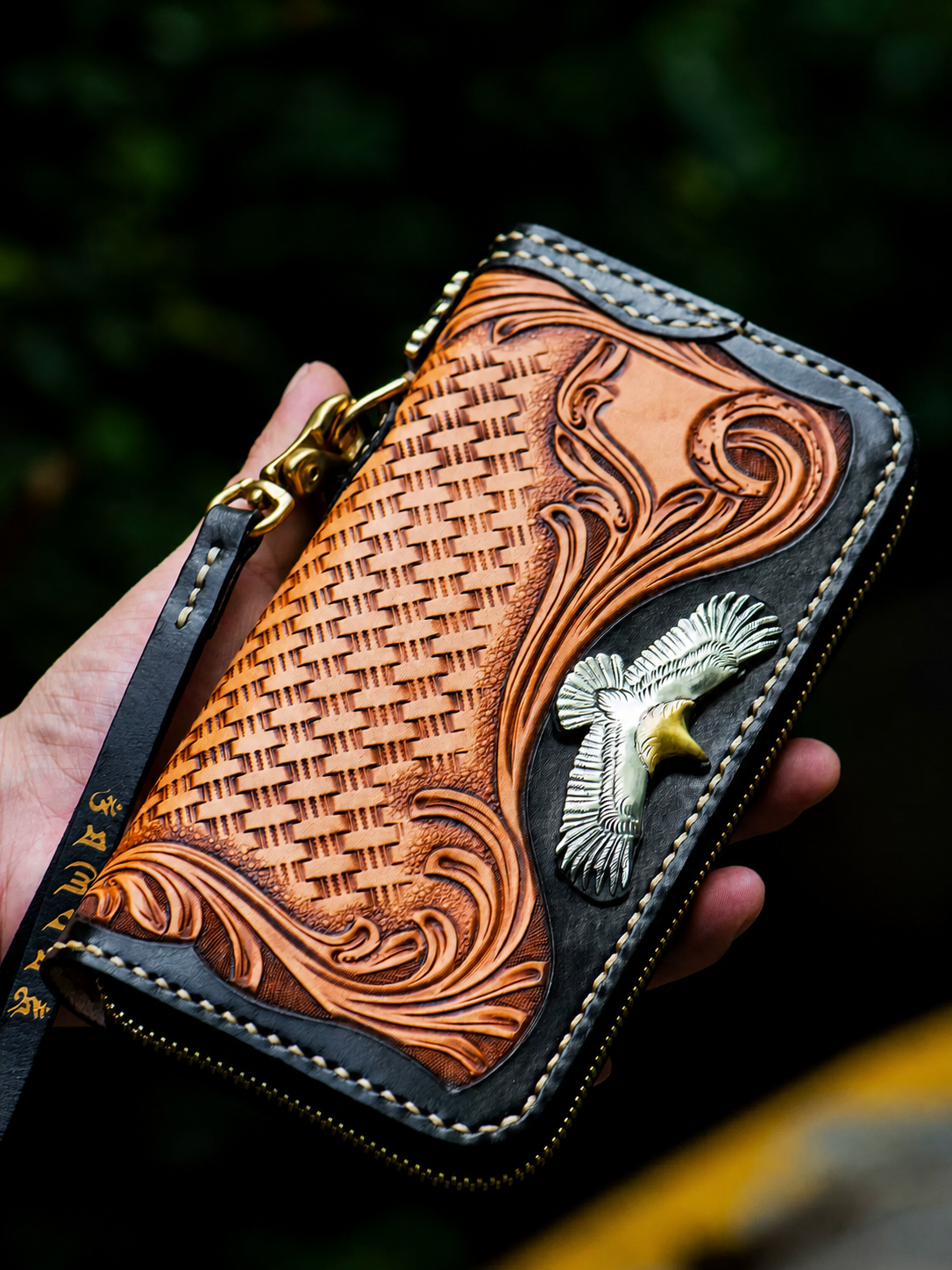 hand-carved tiger leather biker wallet hand carved eagle leather clutch 2