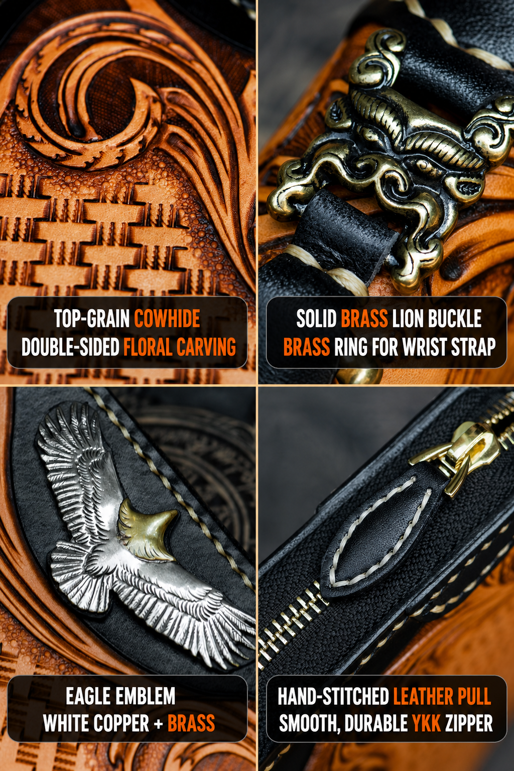 hand-carved tiger leather biker wallet hand carved eagle leather clutch 3