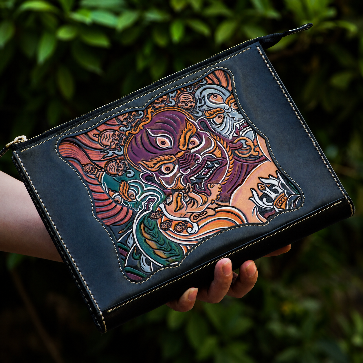 hand-carved tiger leather biker wallet hand carved guardian leather clutch 1