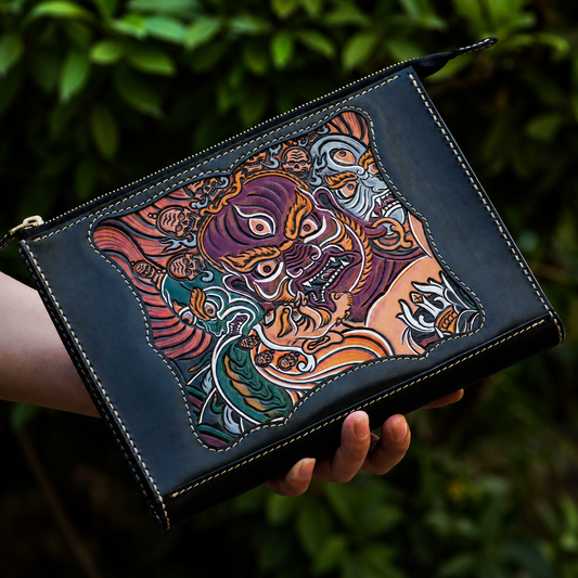 hand-carved tiger leather biker wallet hand carved guardian leather clutch 1