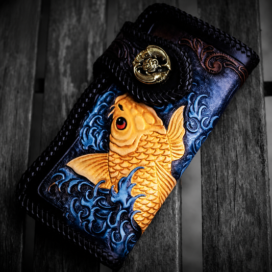 Color koi hand-carved leather biker long wallet front view