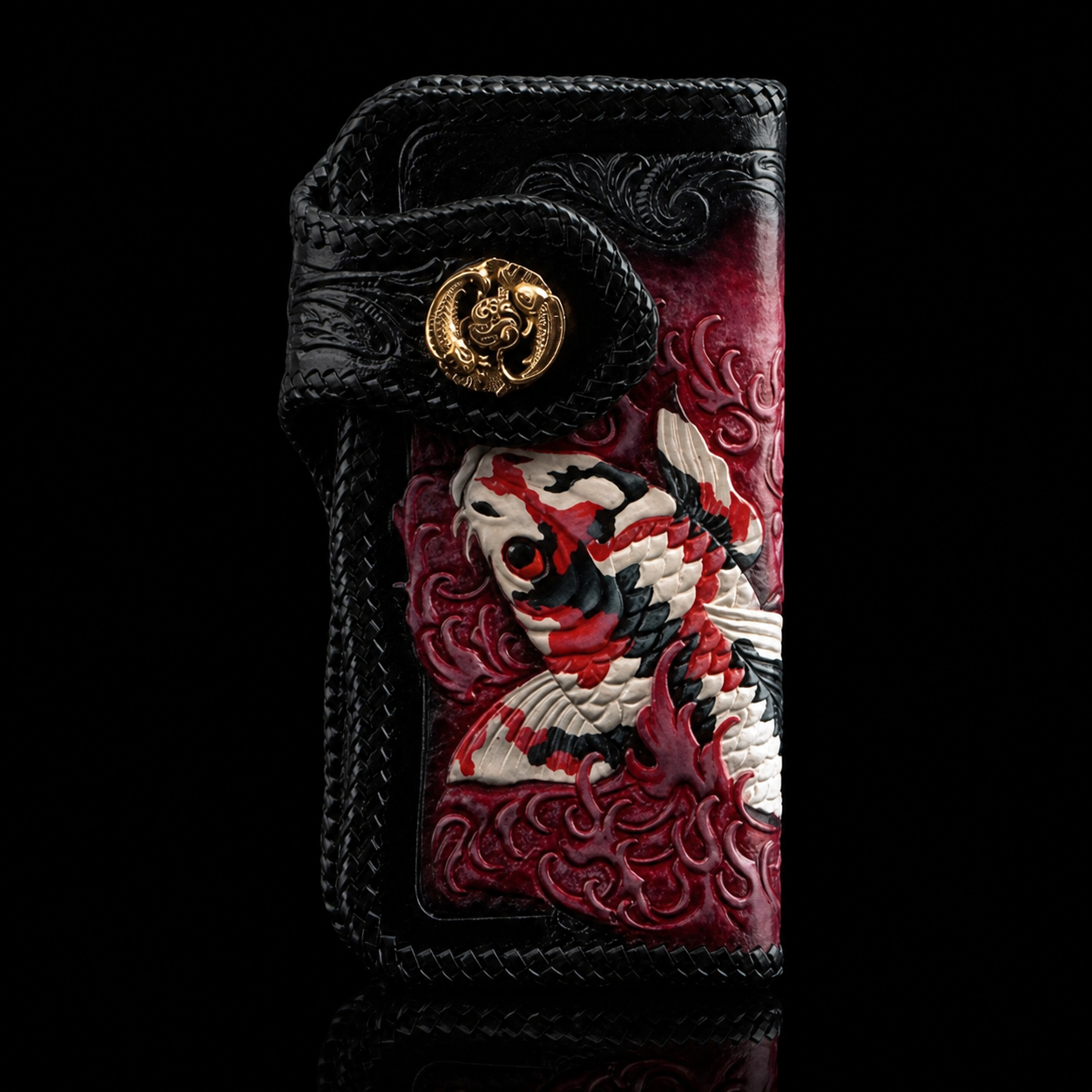 White koi hand-carved leather biker long wallet front view