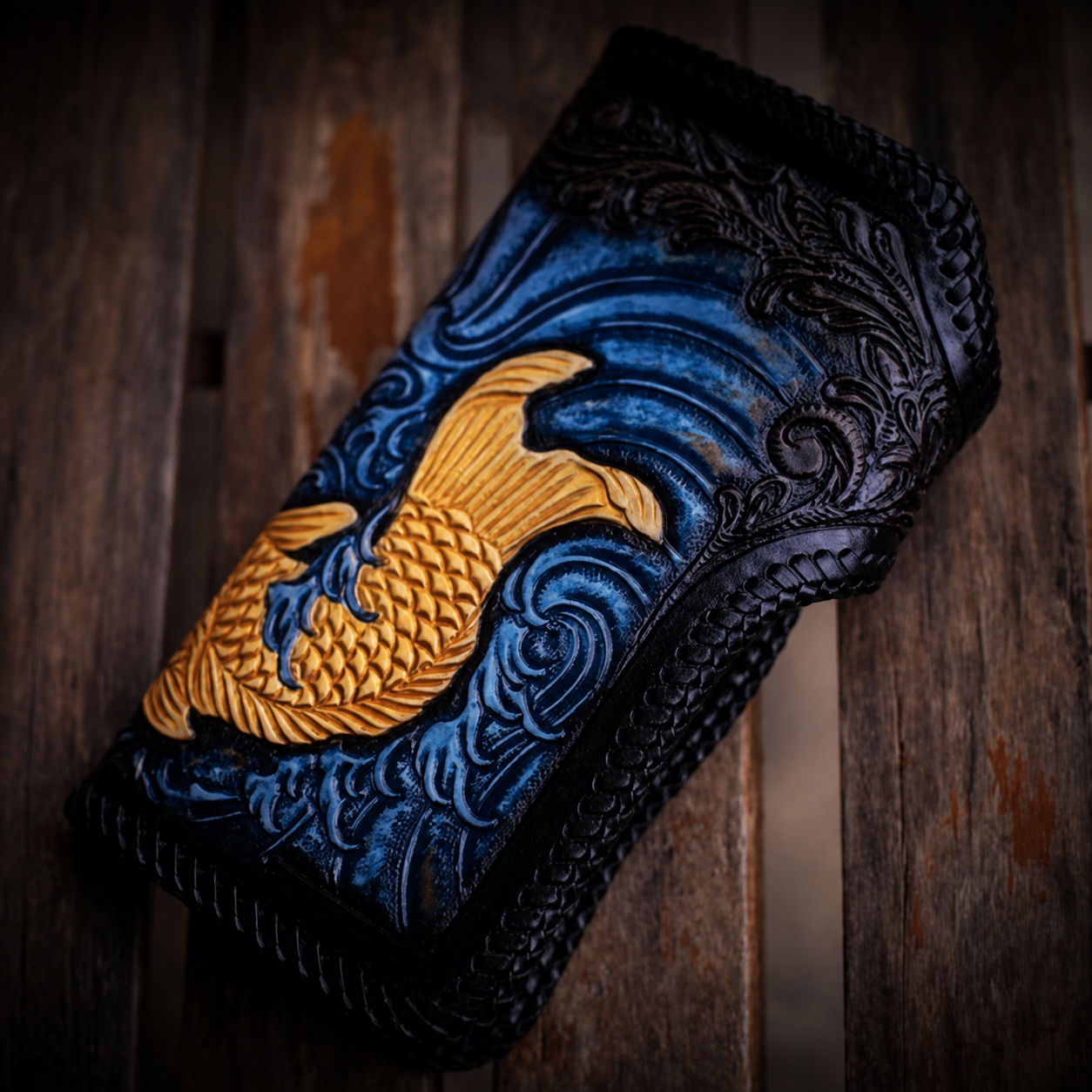 Color koi leather biker long wallet rear and side view