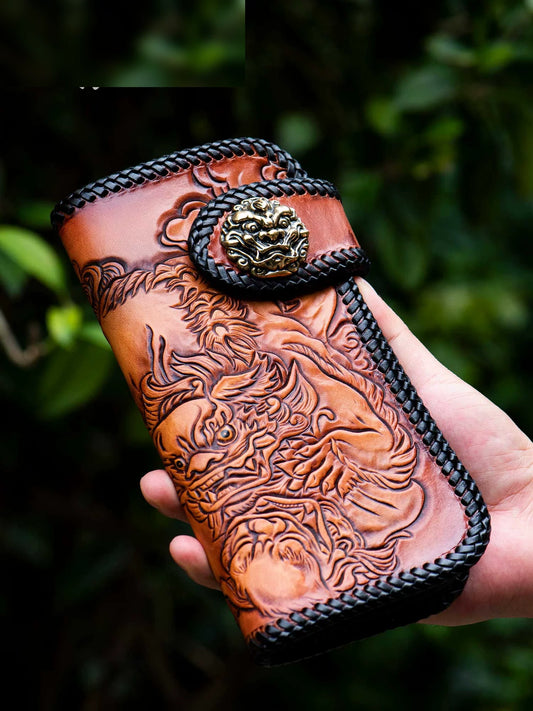 fortune lion hand-carved leather biker long wallet