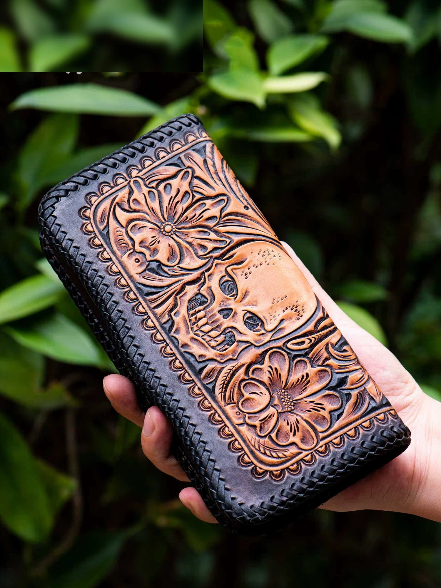 skull and arabesque hand-carved leather biker long wallet