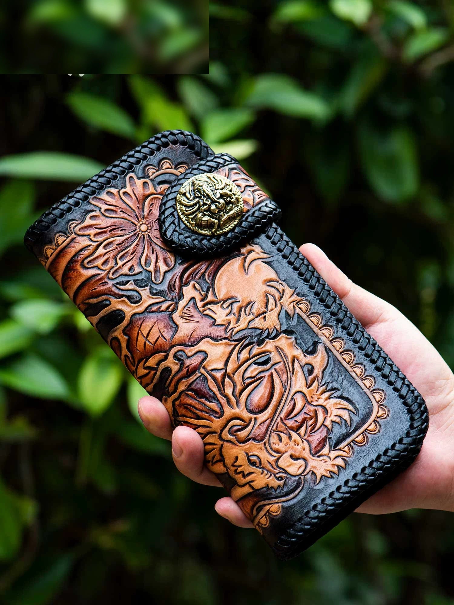 fortune lion leather biker long wallet front view