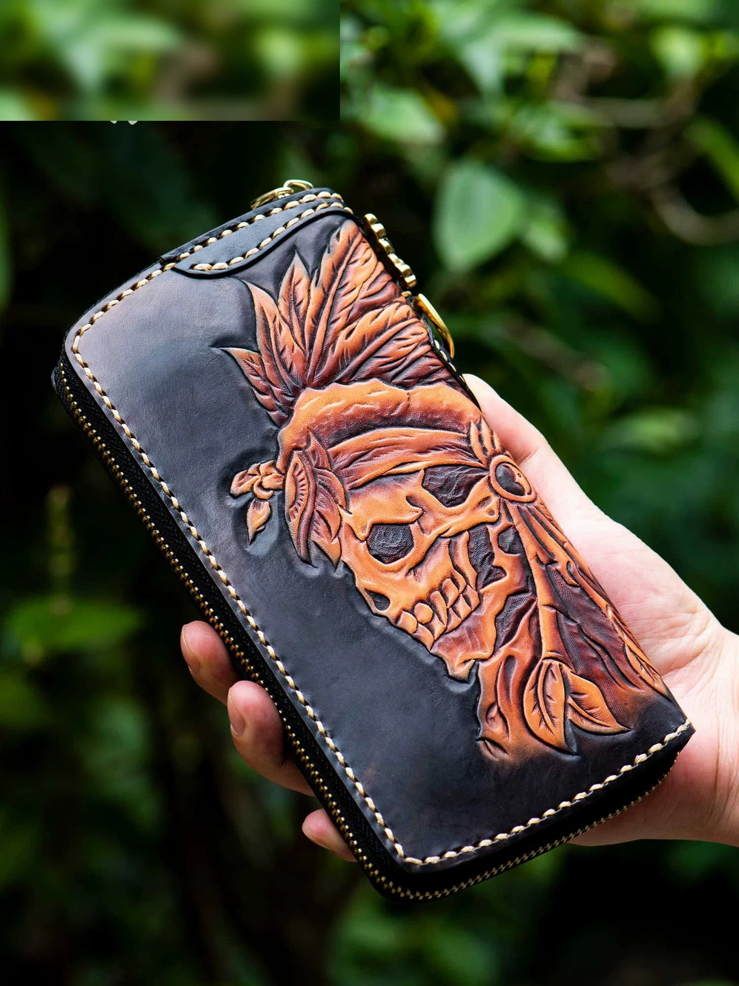 feathered skull hand-carved leather biker long wallet