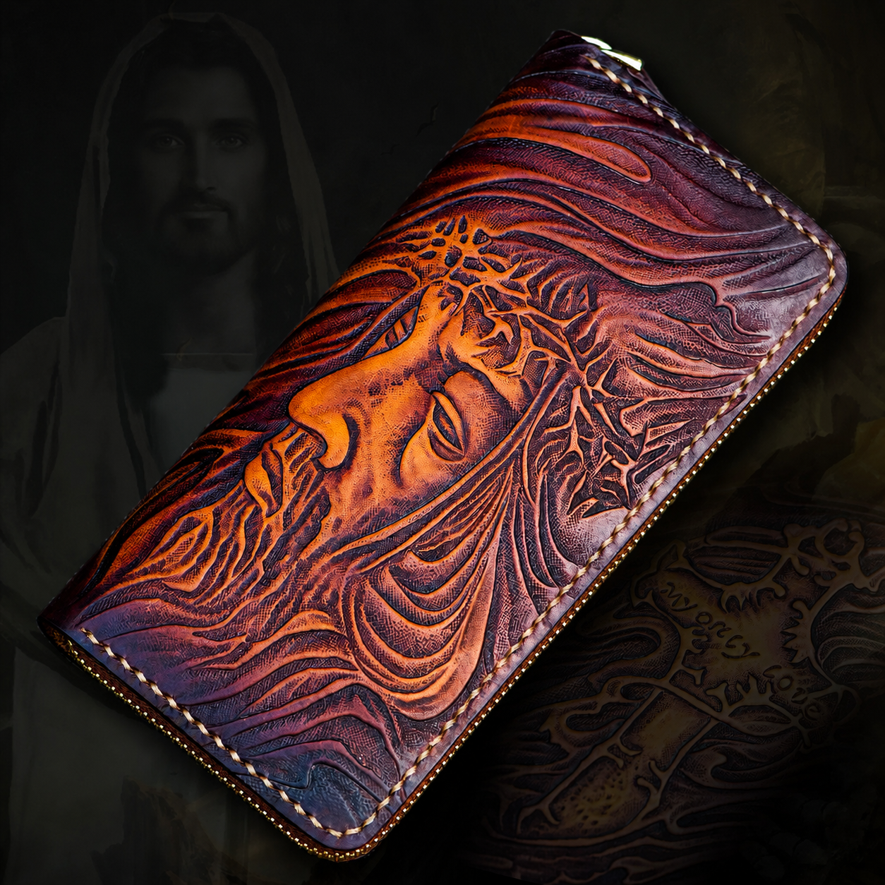 hand-carved tiger leather biker wallet hand carved religious leather wallet 4