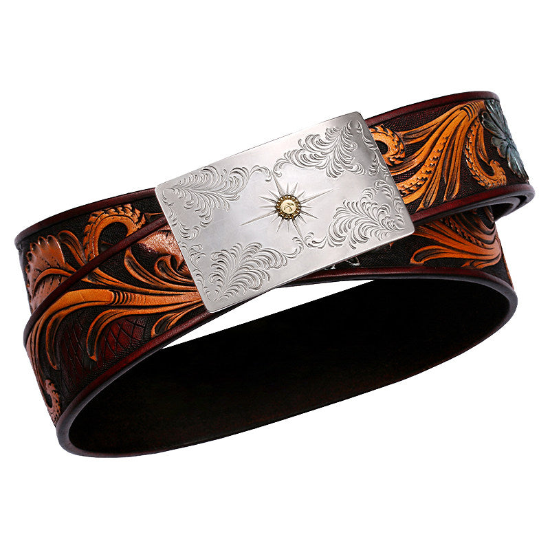 Hand-Carved Silver Scrollwork Leather Biker Belt — product view
