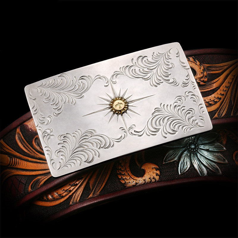 Hand-Carved Silver Scrollwork Leather Biker Belt — detail view 1