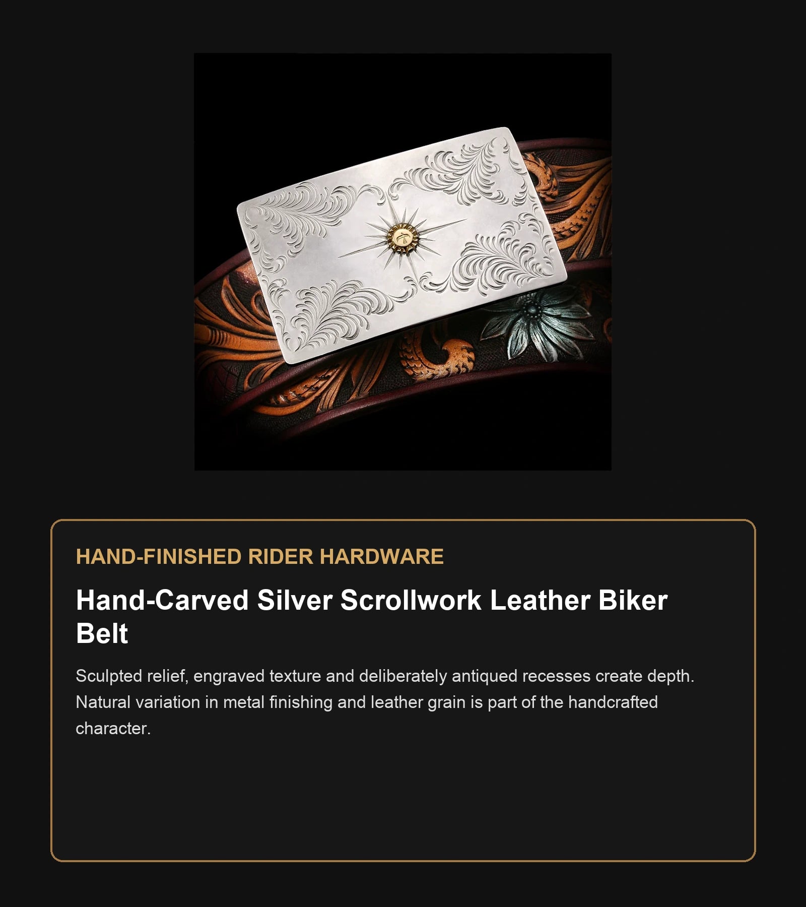 Hand-Carved Silver Scrollwork Leather Biker Belt craftsmanship guide in English