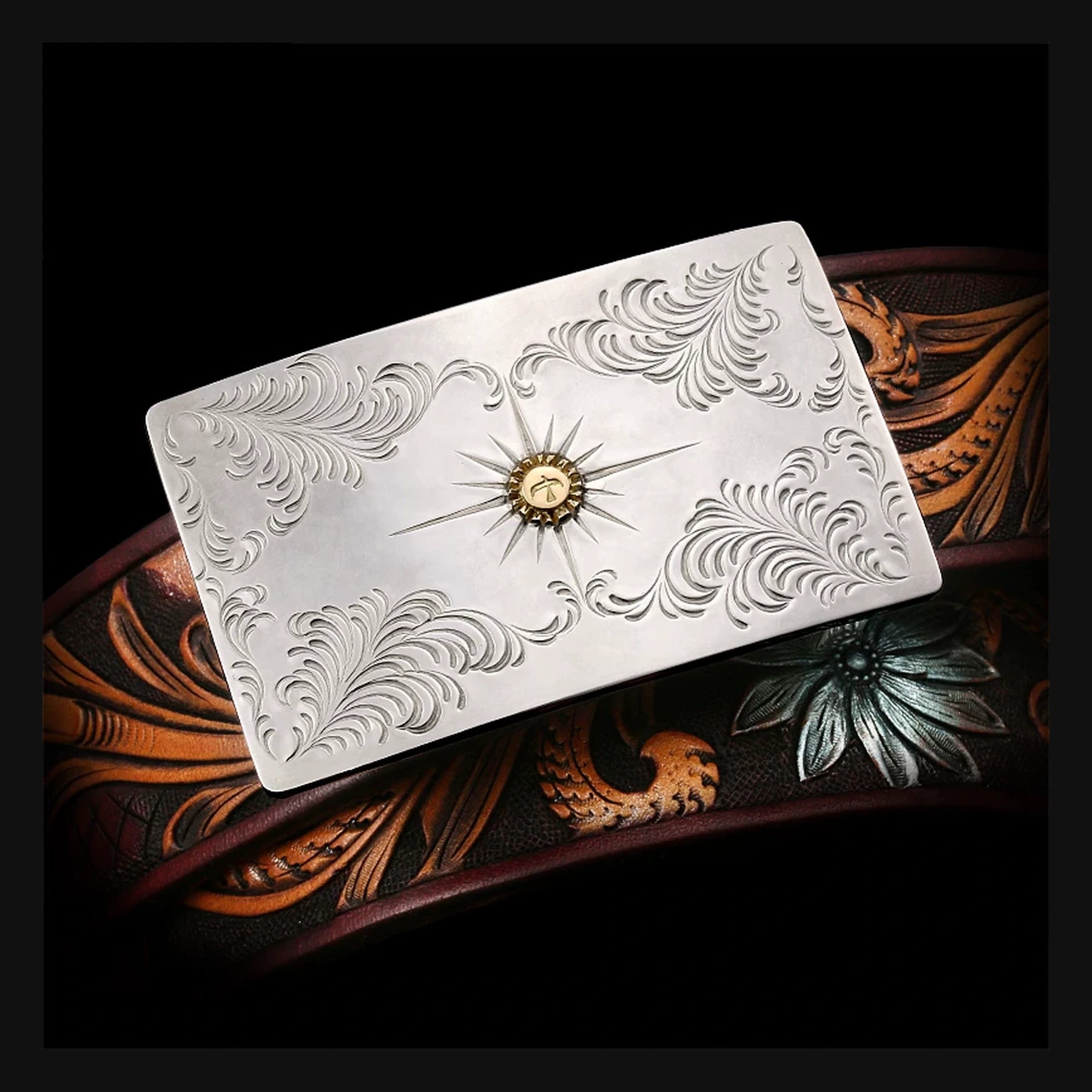 Hand-Carved Silver Scrollwork Leather Biker Belt product view