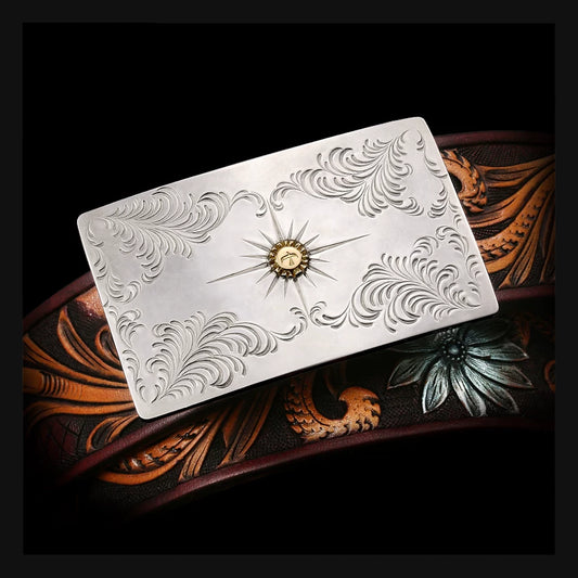 Hand-Carved Silver Scrollwork Leather Biker Belt product view