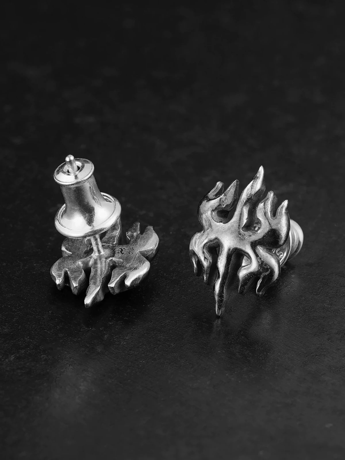 Hand-Carved Symbol Sterling Silver Biker Stud Earring detail view 2