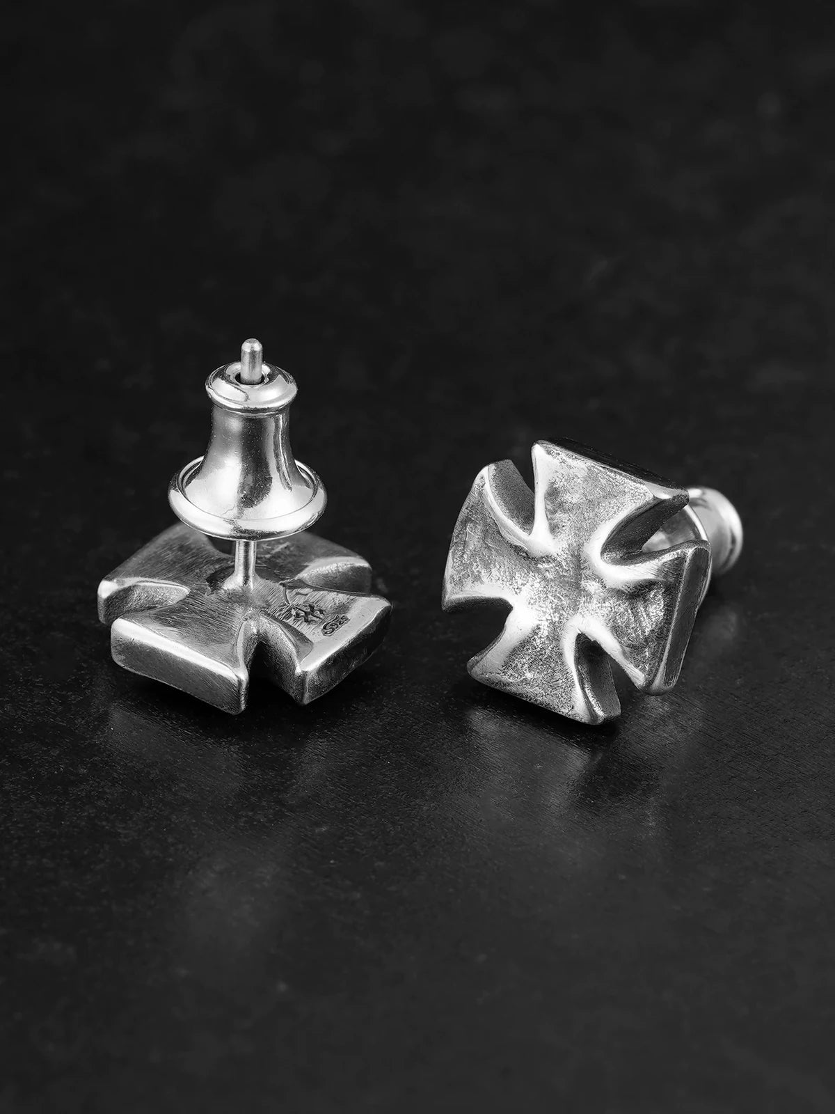 Hand-Carved Symbol Sterling Silver Biker Stud Earring detail view 3