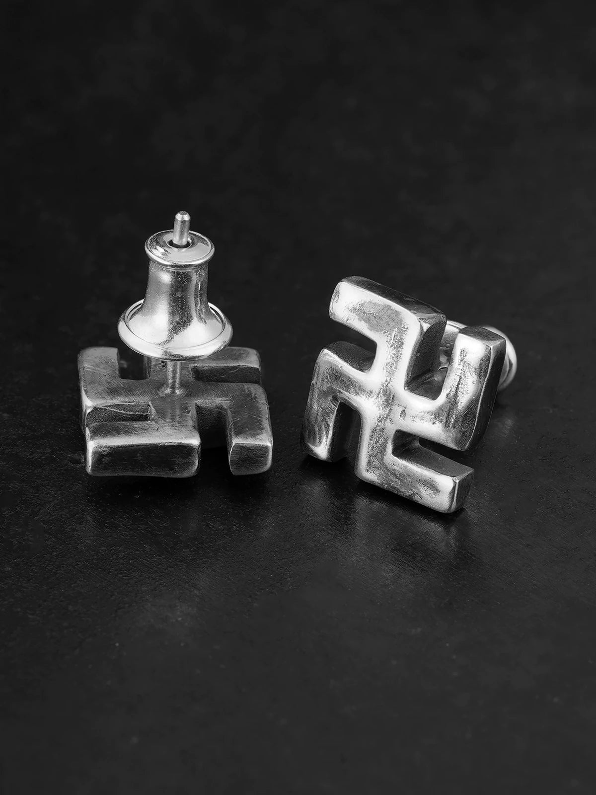 Hand-Carved Symbol Sterling Silver Biker Stud Earring detail view 5