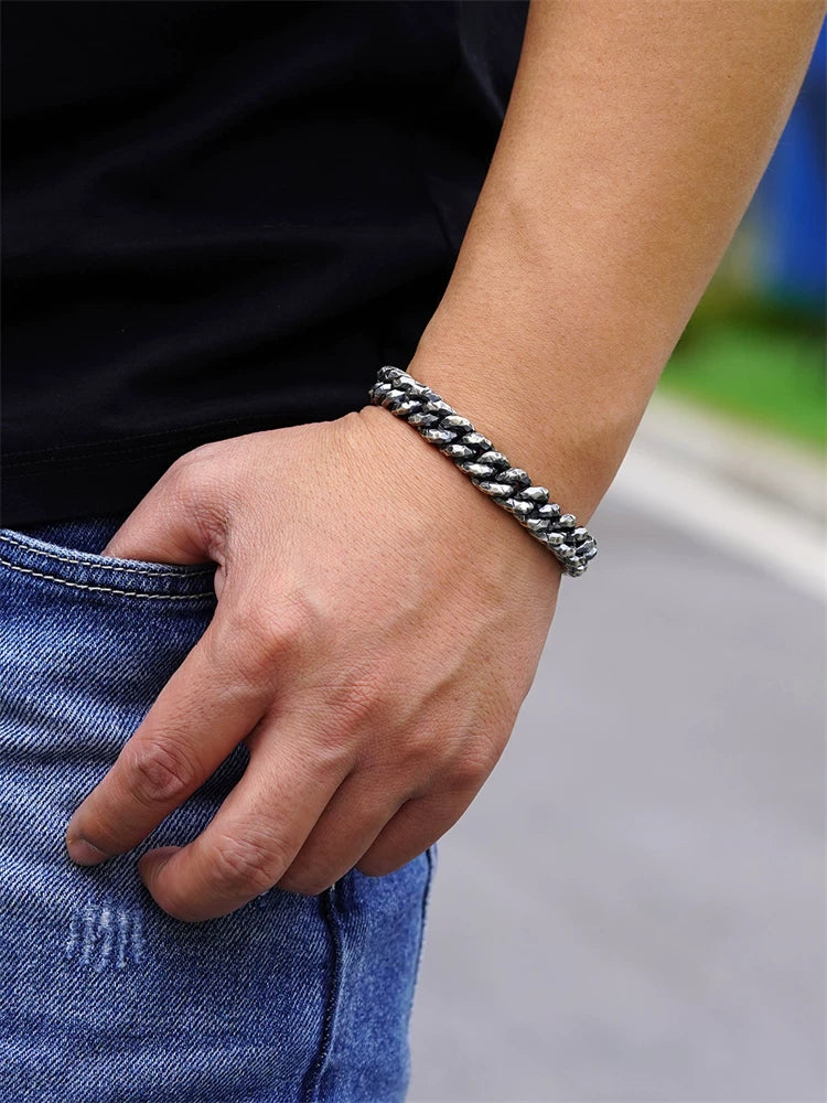 hand hammered sterling silver biker bracelet product view 4