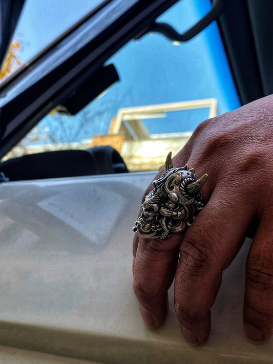 Hannya Samurai Mask 925 Sterling Silver Biker Ring — view 1