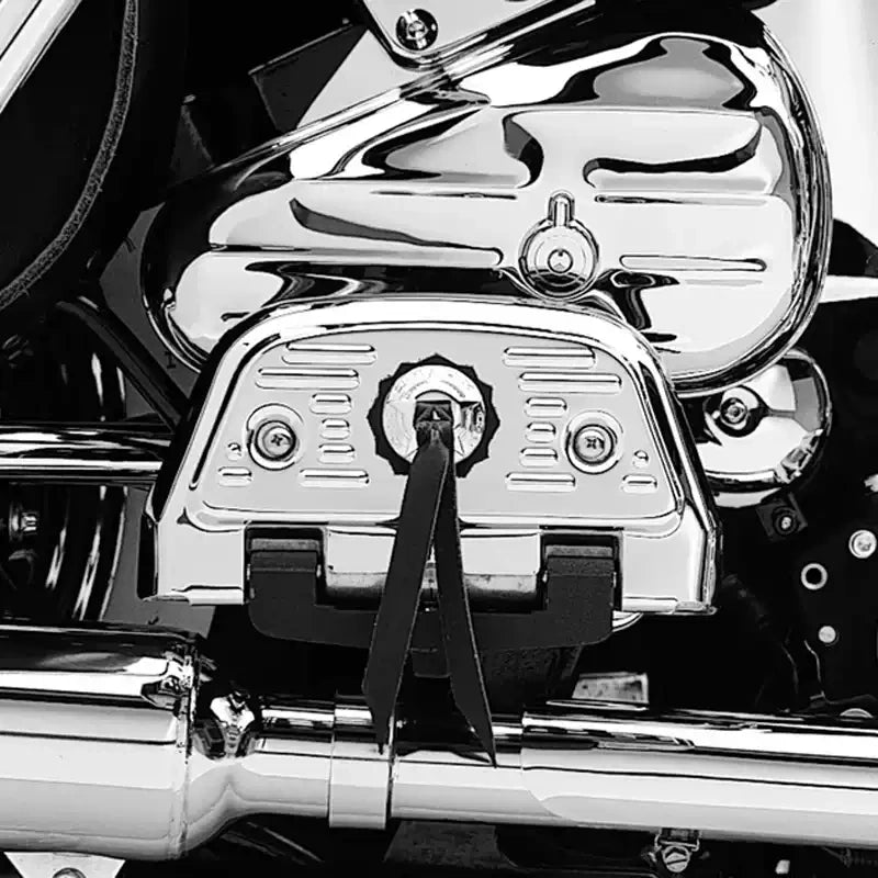 Ribbon-style passenger footboard backplate cover installed on a Harley motorcycle