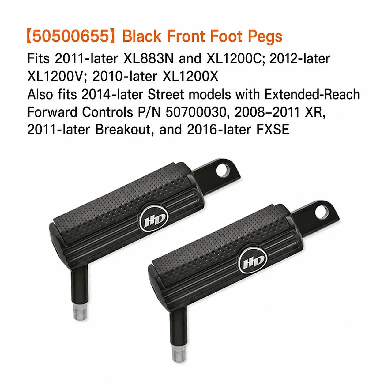 50500655 black front foot pegs with HD emblems and fitment details
