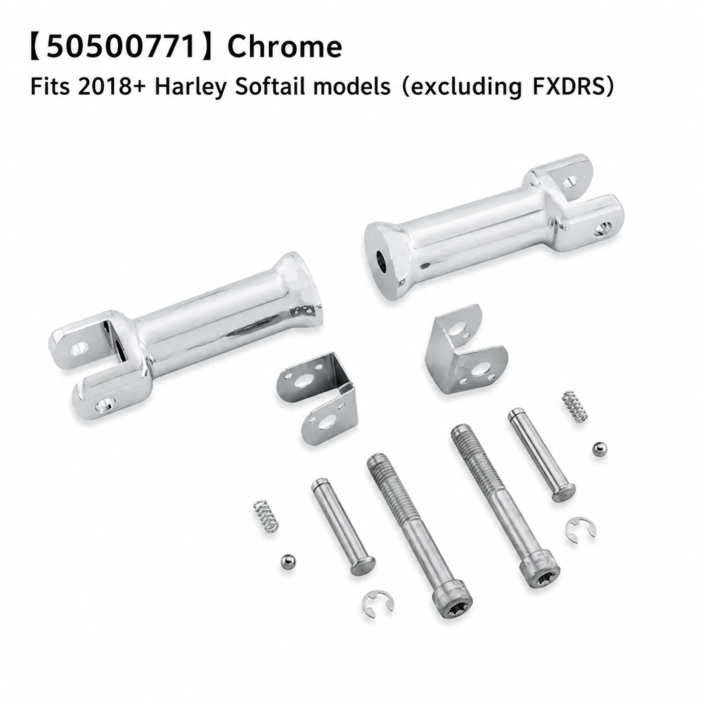 50500771 chrome passenger foot peg support brackets for 2018 and newer Harley Softail