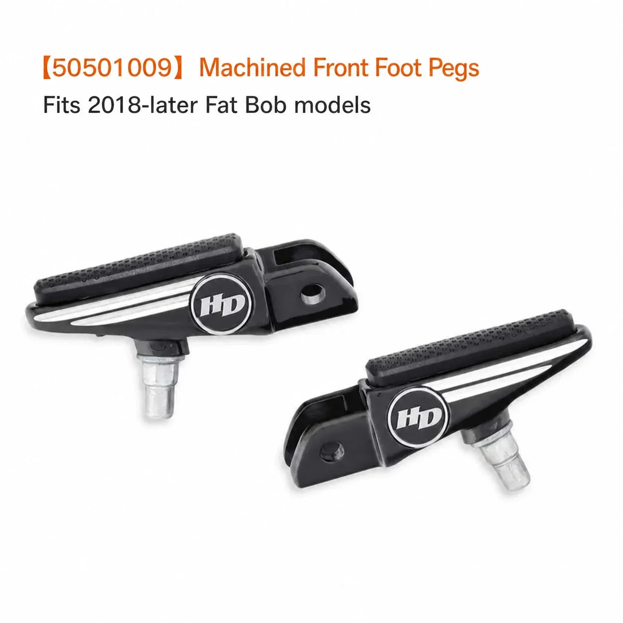50501009 machined Fat Bob front foot pegs with HD emblems