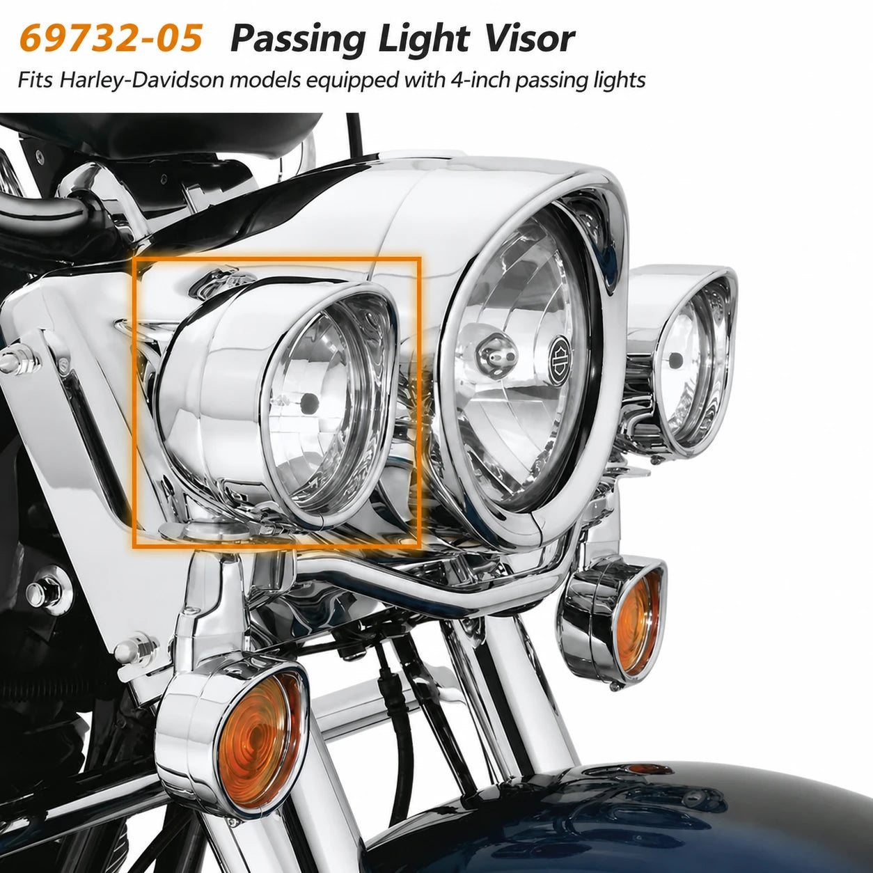 69732-05 chrome visor for four-inch Harley-Davidson passing lights