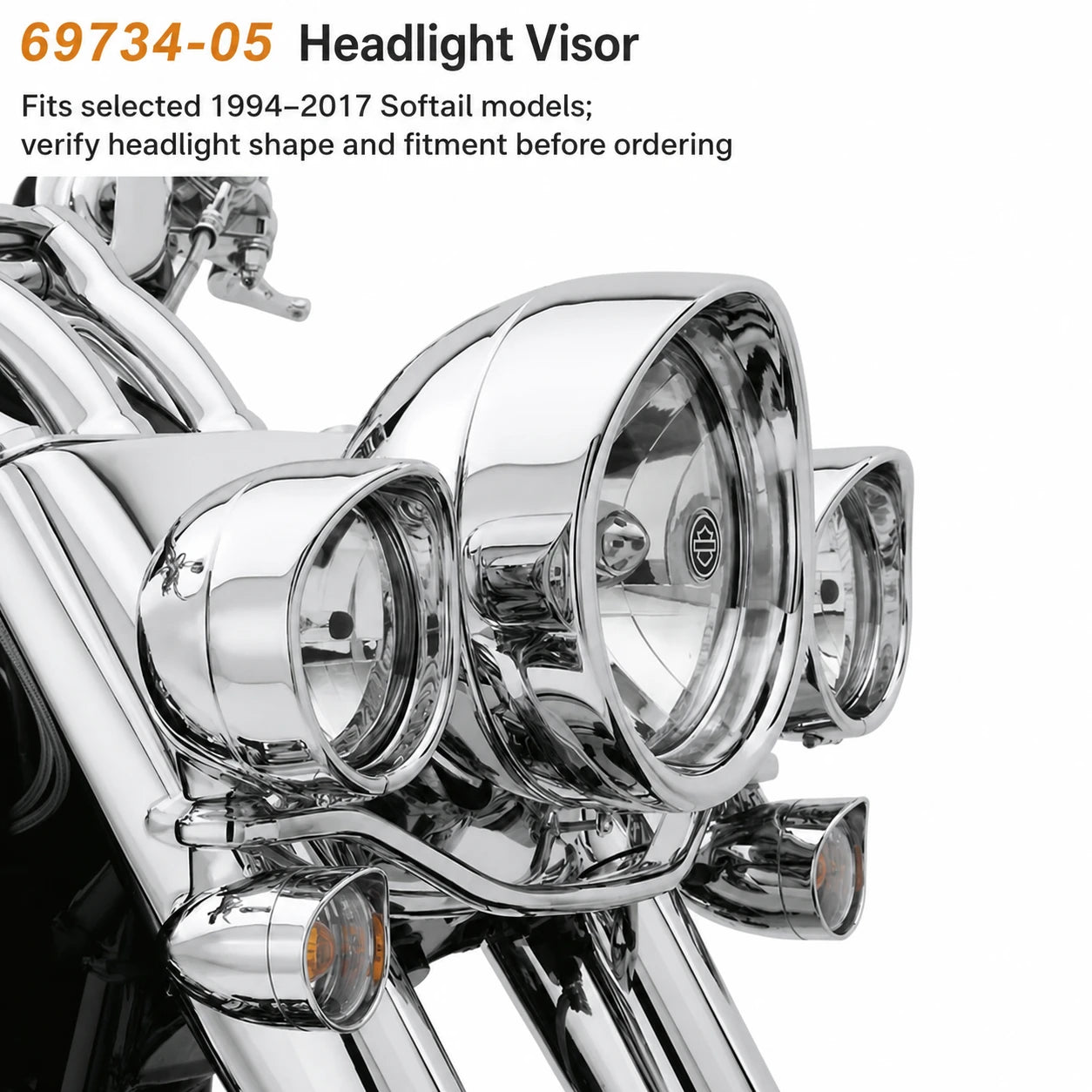 69734-05 chrome headlight visor for selected 1994 to 2017 Harley-Davidson Softail models