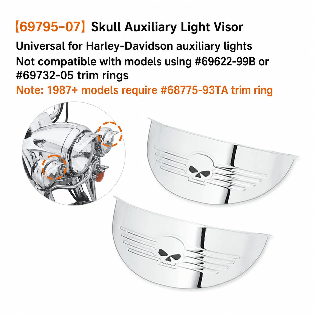 69795-07 chrome skull auxiliary light visors for Harley-Davidson motorcycles