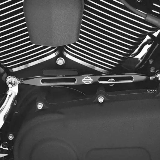 Black Bar and Shield style shift linkage installed on a Harley motorcycle