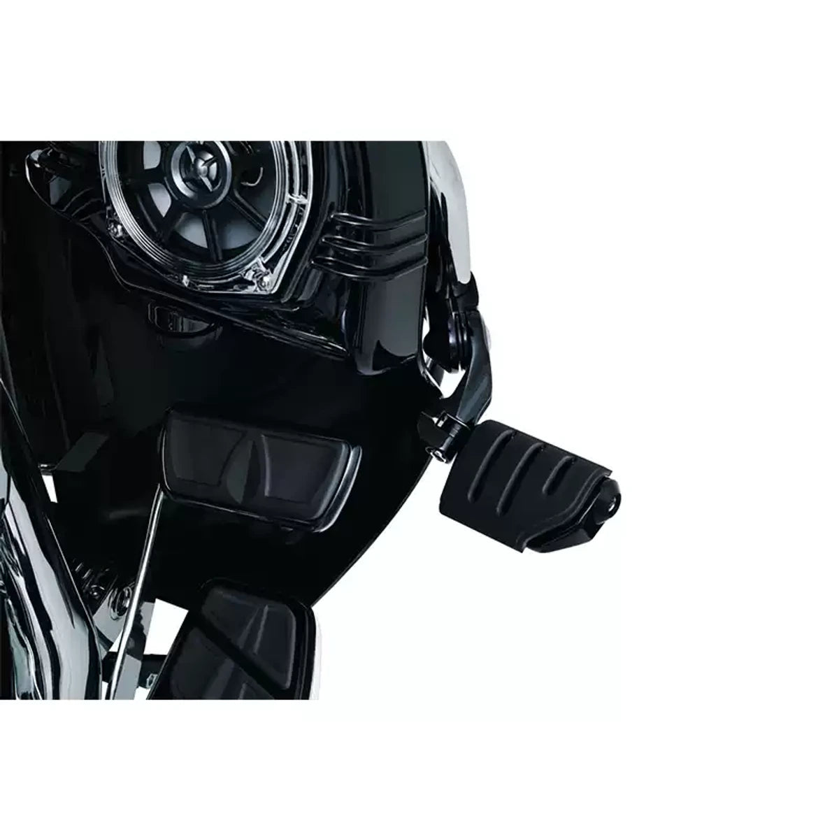 Black rectangular highway cruise foot peg installed on a compatible Harley motorcycle