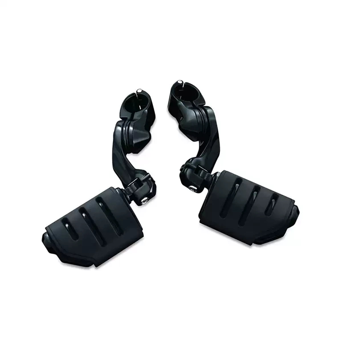 Pair of black rectangular highway cruise foot pegs with mounts for compatible Harley motorcycles