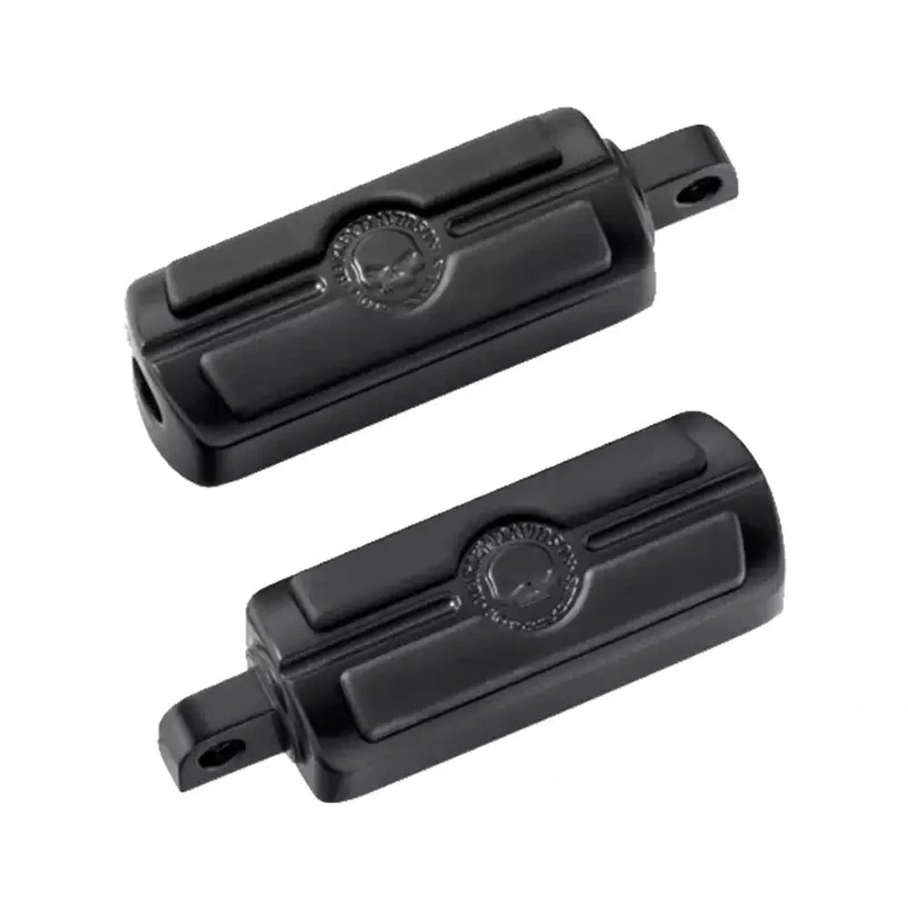 Black skull foot pegs for Harley motorcycles, product pair