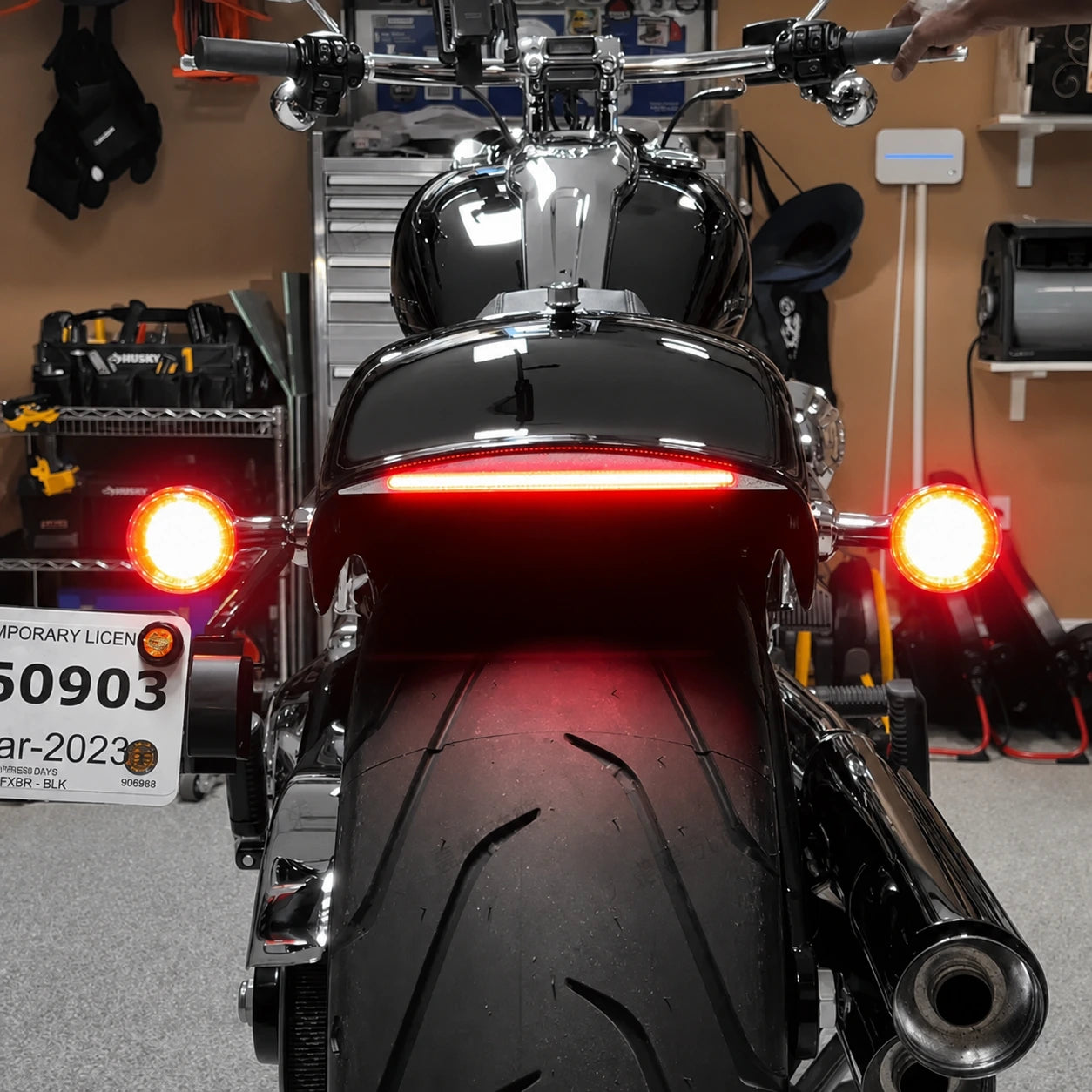 Rear view of Harley Breakout with LED fender tail light and turn signals illuminated