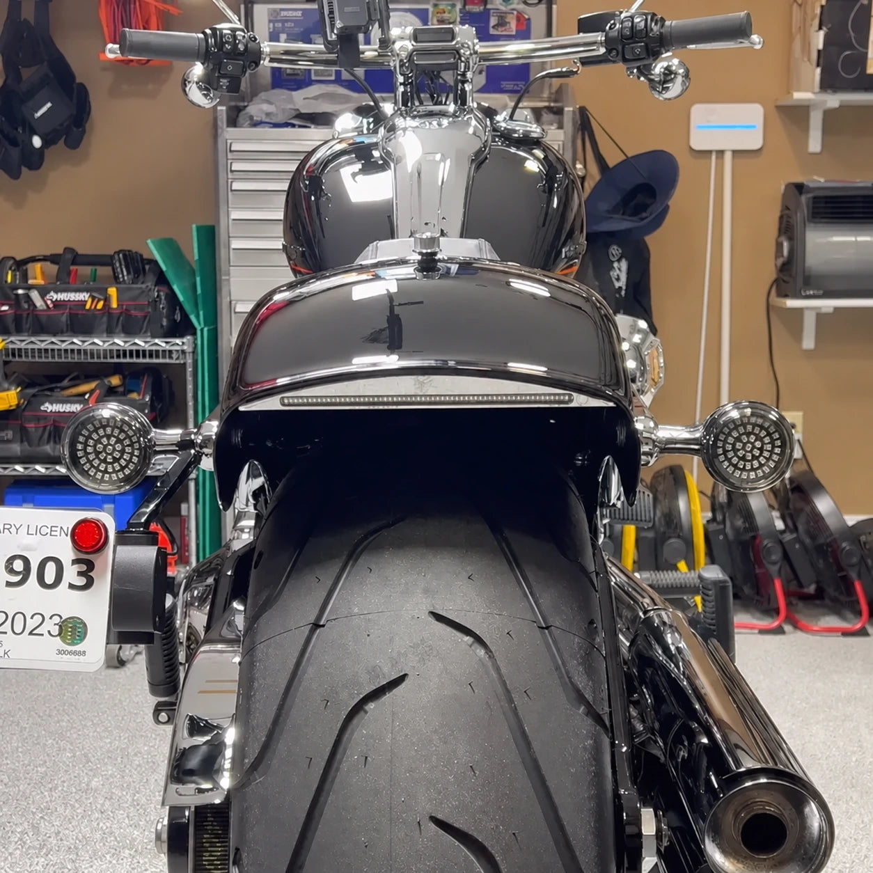 Rear view of Harley Breakout showing low-profile rear fender LED tail light