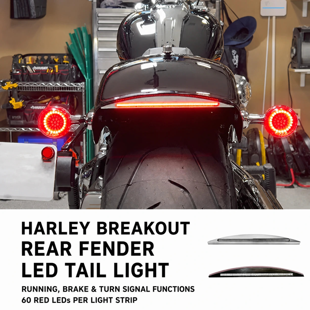 Harley Breakout rear fender LED tail light with running brake and turn signal functions