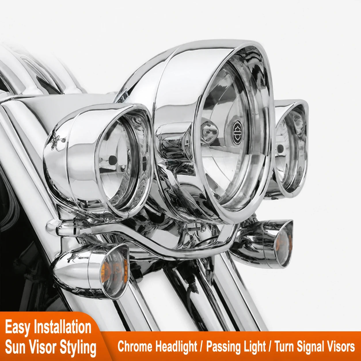 Chrome headlight, passing light and turn signal visors for Harley-Davidson motorcycles