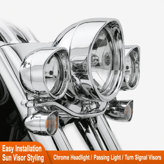 Chrome headlight, passing light and turn signal visors for Harley-Davidson motorcycles