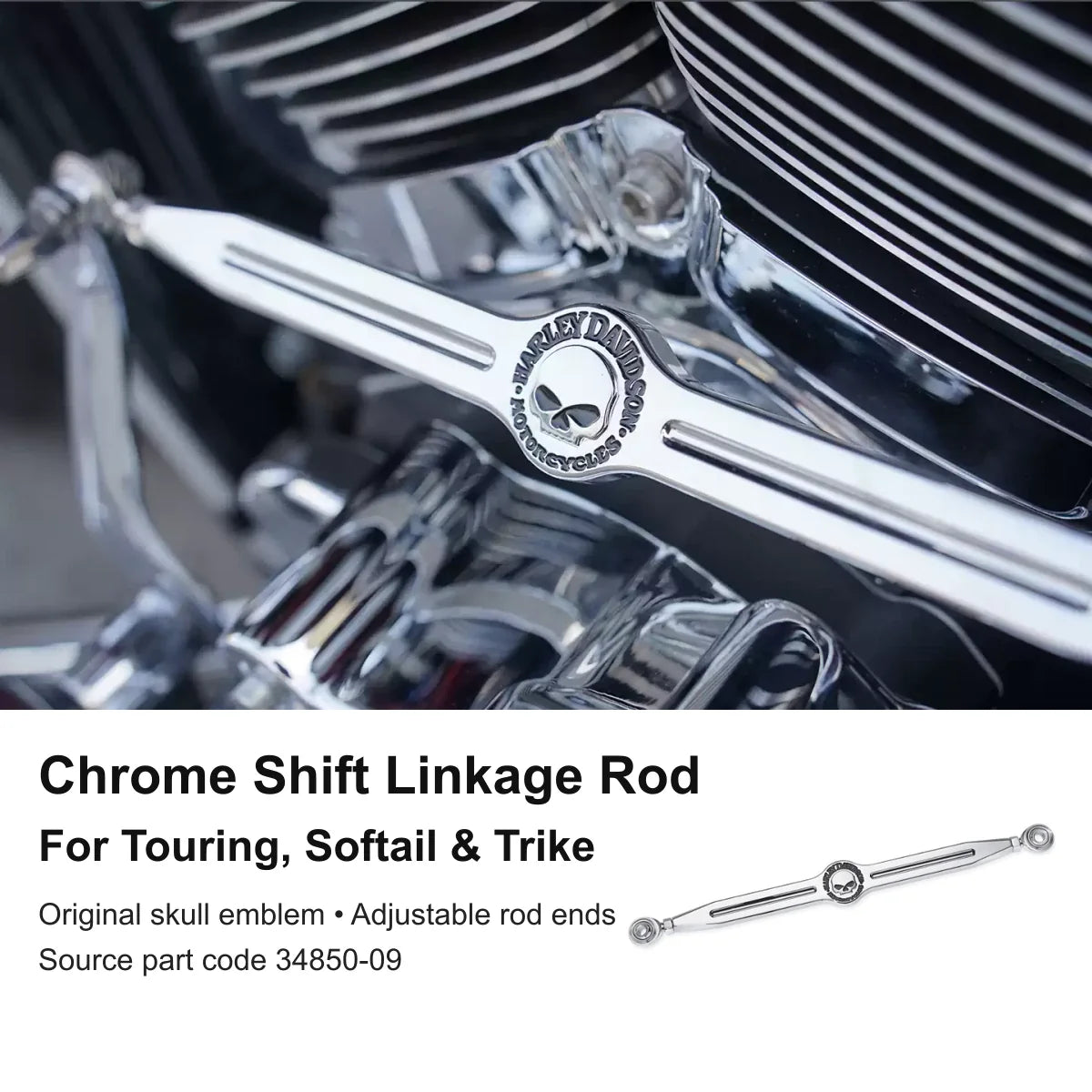 Chrome 34850-09 shift linkage rod installed with original skull emblem and adjustable rod ends