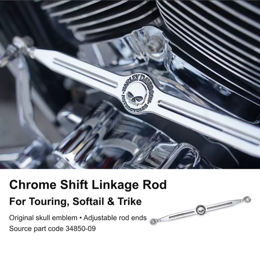 Chrome 34850-09 shift linkage rod installed with original skull emblem and adjustable rod ends