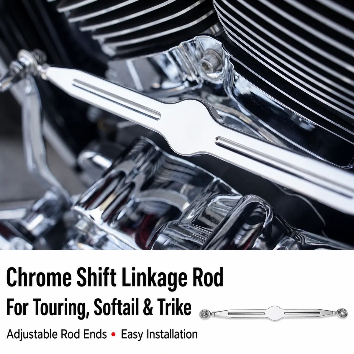 Chrome 34850-09 shift linkage rod for compatible Harley Touring, Softail and Trike motorcycles