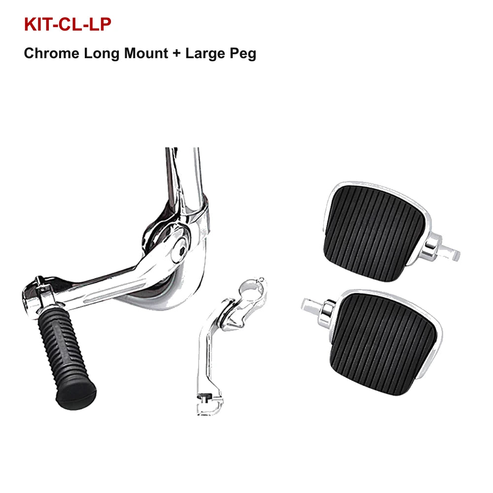 chrome long mount and large peg kit for compatible Harley-Davidson motorcycle