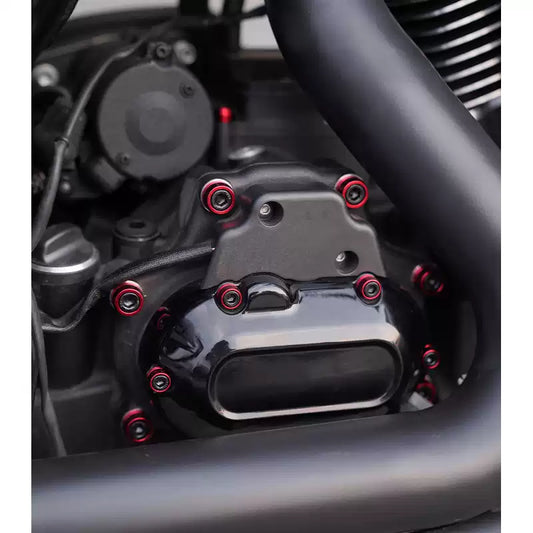 Red decorative engine bolts installed