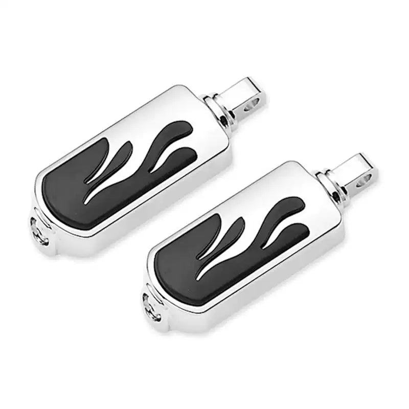 Chrome flame-design passenger foot pegs for Harley motorcycles
