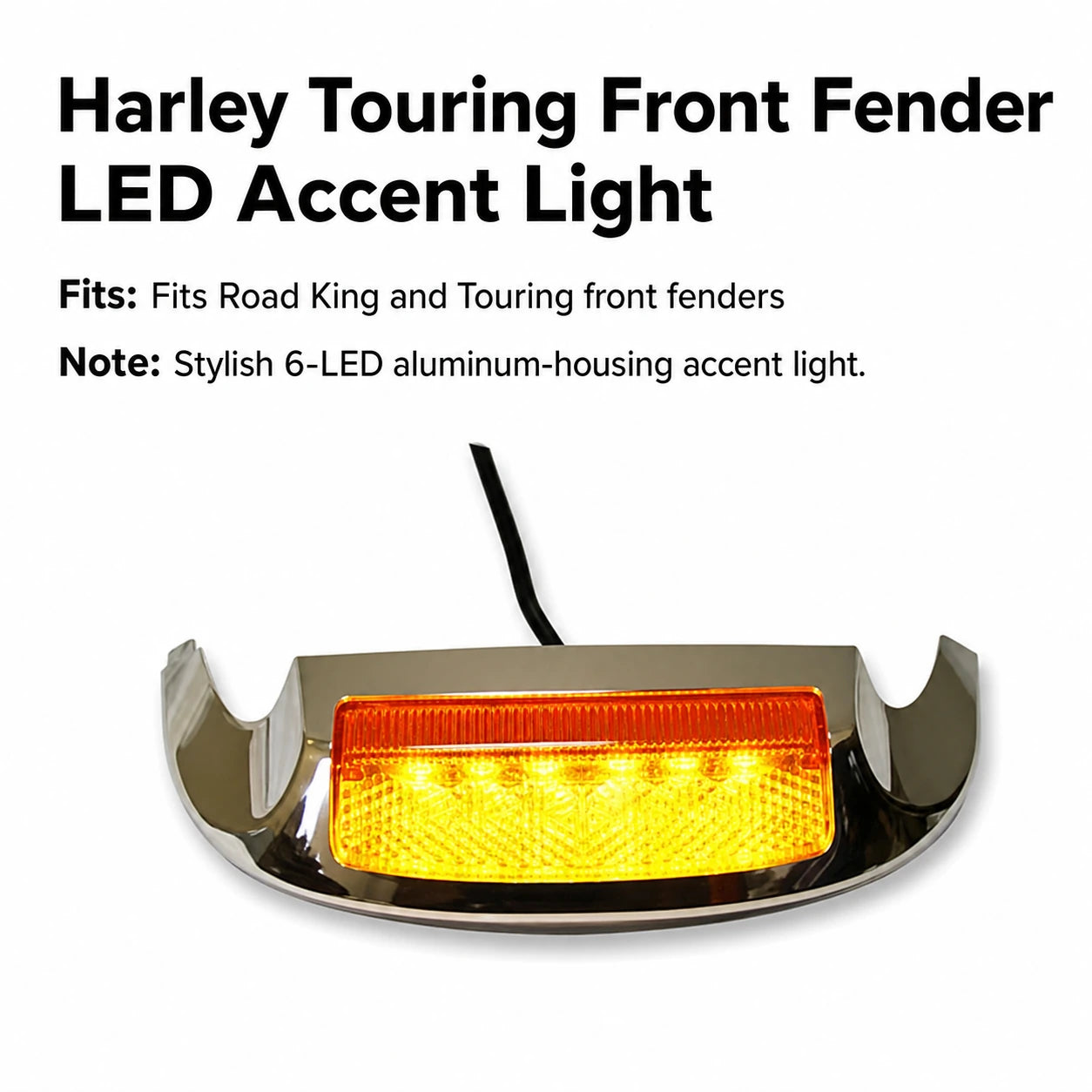 Harley Touring front fender LED accent light in chrome with amber lens and English fitment guide