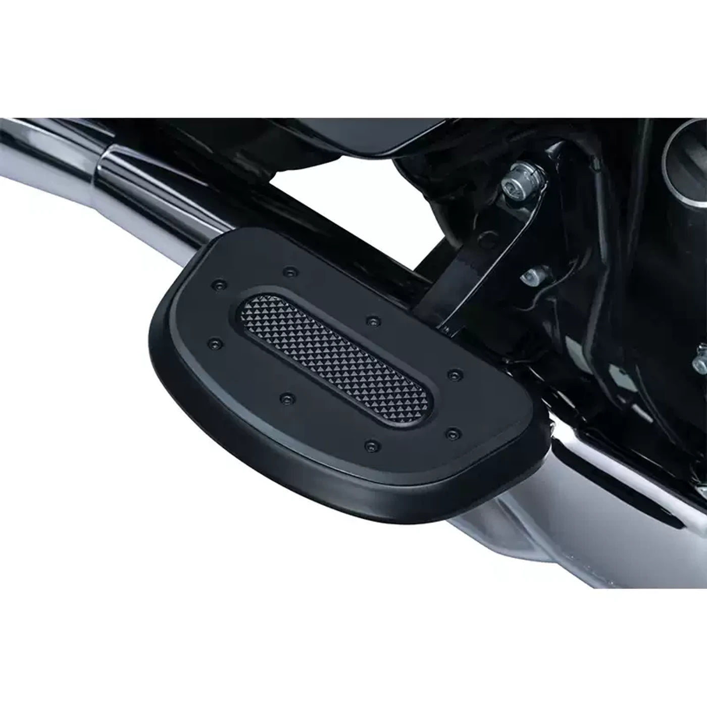 Heavy Industry style front rider footboard installed on a Harley touring motorcycle