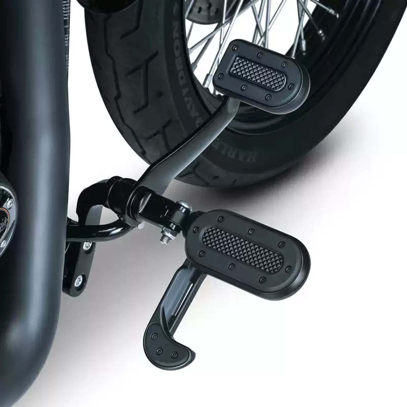 Heavy Industry style rear passenger footboards installed on a Harley motorcycle