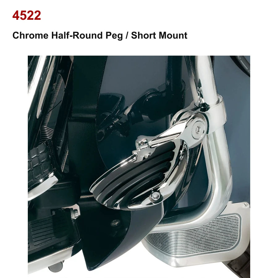 Chrome half-round peg with short mount for compatible Harley motorcycle highway cruise setup