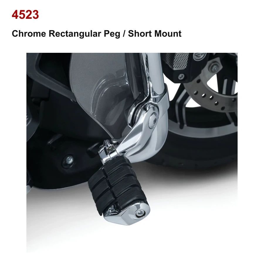 Chrome rectangular peg with short mount for compatible Harley motorcycle highway cruise setup